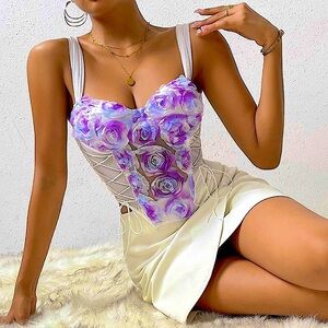Purple Floral Lace Up Sides Corset Top